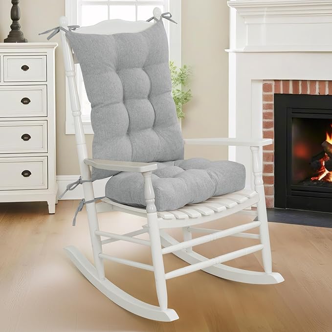 Lokex Rocking Chair Cushion 4 Inch Extra Thick, Cushions for Rocking Chairs Set of Seat and Back with Ties, Linen Fabric Indoor Outdoor Rocker, 17x21 & 17x17 Inches (Light Grey)