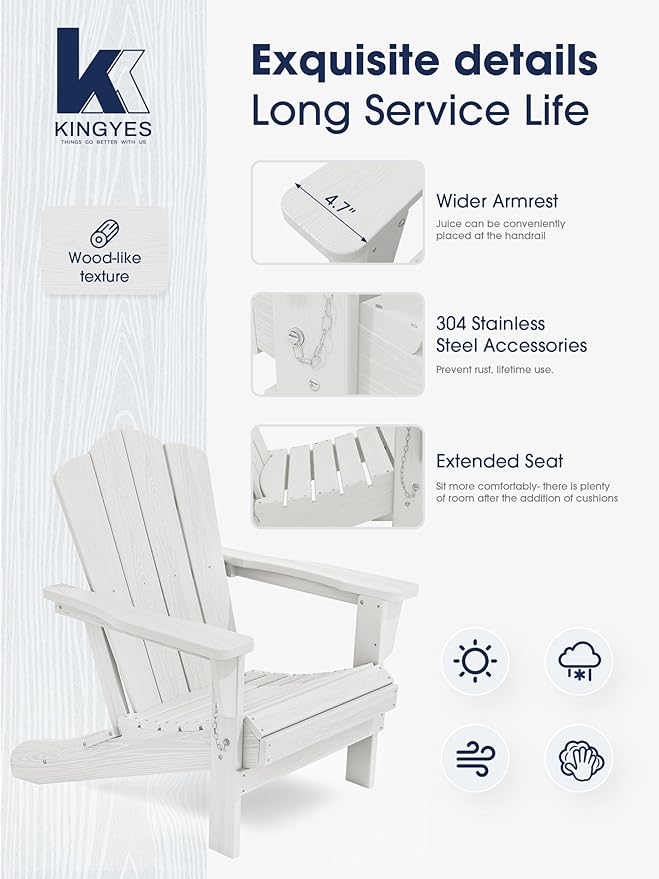 KINGYES Folding Adirondack Chair, HDPE All-Weather Patio Chairs, Wooden Textured Lawn Chair for Poolside, Backyard, Deck, Fire Pit, White