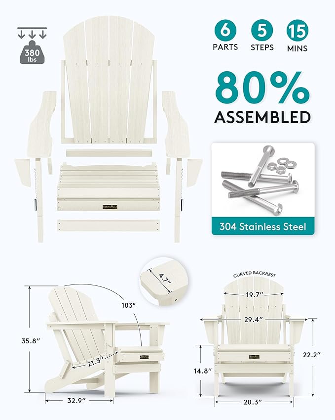 SERWALL Adirondack Chair - Folding Adirondack Chairs Hips Outdoor Chairs Set of 6 Weather Resistant- White