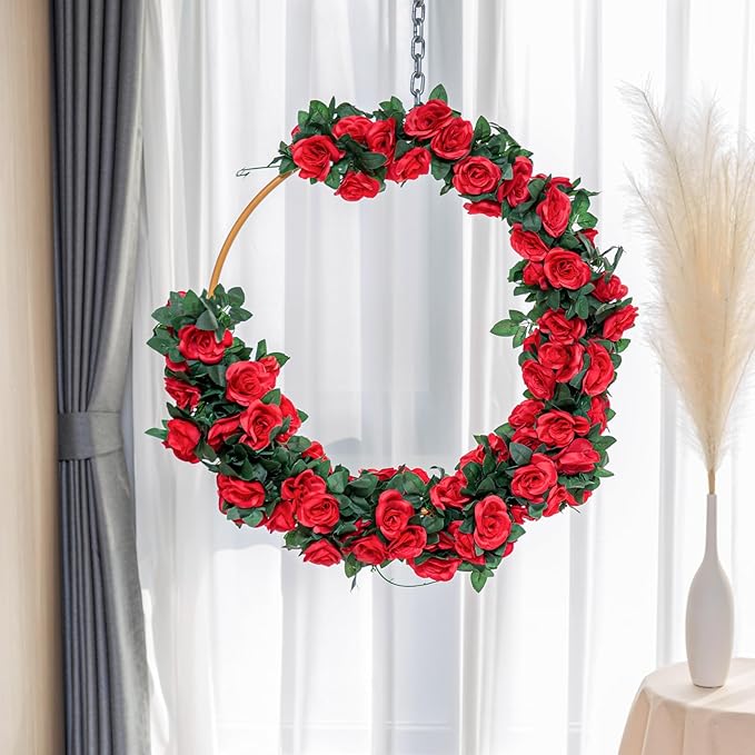 2 Pack (16FT) Artificial Rose Vine Fake Flowers Garland Hanging Silk Rose Ivy Plants Vine for Mother's Day Wedding Arch Party Garden Wall Aesthetic Art Décor (Red)