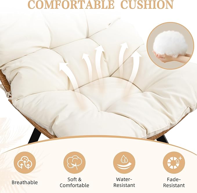 Vongrasig Swivel Wicker Chair PE Rattan Chair with Cushion, Oversized Patio Lounge Chair for Outdoor, Indoor, Balcony, Backyard, Garden, Living Room, Beige