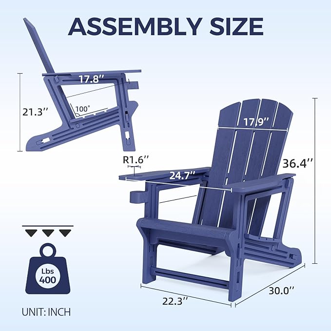 Adirondack Chair，Plastic Outdoor Chairs Without Screws Install，Patio Adirondack with Cup Holder，400 LBS Capacity Recliner Chair Garden Chair for Backyard Lawn Beach Navy Blue