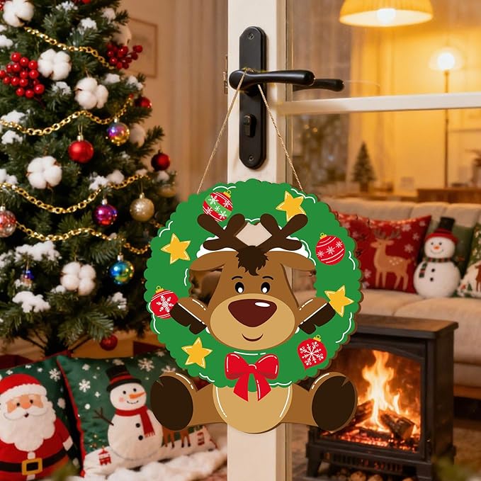 Whaline Christmas Reindeer Wooden Hanging Sign Xmas Cute Reindeer Wreath Welcome Wood Sign Holiday Door Decor Signs for Farmhouse Home Indoor Outdoor Porch Wall Office Decor