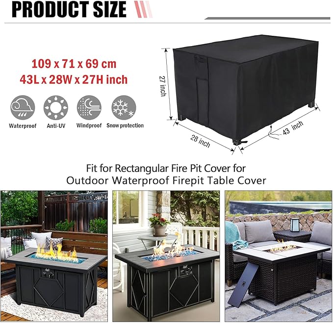 Rectangular Fire Pit Cover 43 inch,Propane Gas Fire Pit Table Cover,Outdoor Waterproof Firepit Table Cover - 43 X 28 X 27 Inch