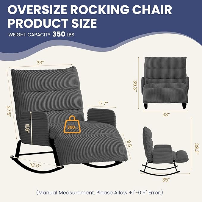 Oversized Rocking Chair with Adjustable Backrest and Footrest, Outdoor Reading Chair - Chaise Lounge Chair Indoor, Comfy Corduroy Rocking Chair for Patio, Porch, Balcony, Living Room