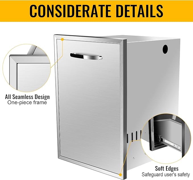 Built-in Double Trash Drawer 16" W x 22.3" H x 18" D, Pull-Out Tray Outdoor Kitchen Stainless Steel Trash Drawer Storage Two Trash Bins for BBQ Island Grill Station