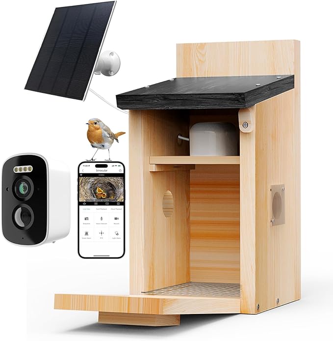Solar Smart Bird House with Camera Bird Box for Outdoors - Full Color Night Vision 4MP HD Camera Birdhouse Auto Capture Bird Videos & Motion Detectio APP Control for Blue Tits Wild Birds(Wood)
