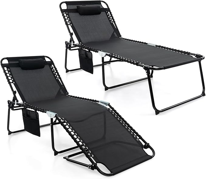 GYMAX Lounge Chair for Outside, 440lbs 27” Oversize Folding Beach Tanning Sunbath Chair with Adjustable Backrest & Removable Pillow, Lightweight Portable Patio Lounger for Lawn Poolside (2, Black)