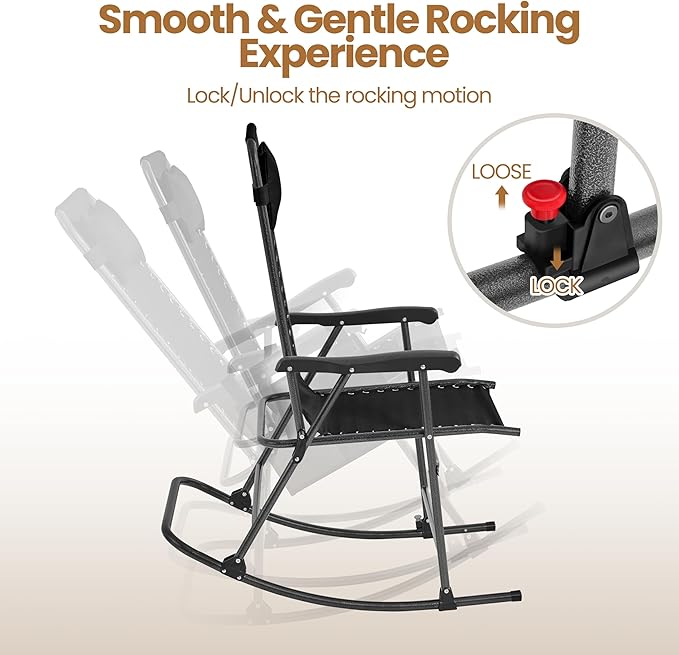 Yaheetech 26in Rocking Chair Outdoor Zero Gravity Folding Chairs Rocking Chairs Foldable Outdoor Lounge Chair for Outside Lawn with Phone Holder/Pillow Ergonomic Design for Rest, Black, Set of 2