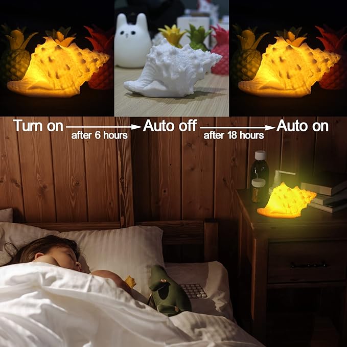 Conch Shell Night Light-Battery Powered LED Night Light for Kids Room, Auto Off Timer, Adults Bedroom Decor Nautical Lighting, Beach Themed Lamp Suitable for Baby Nursery, Home Ocean-Nightstand Decor