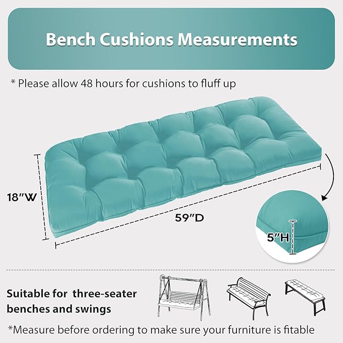 Tufted Bench Cushions for Outdoor Furniture, 59" x 18" Porch Swing Cushions Filled with Foam, Overstuffed Patio Cushions for Bench Loveseat with 2-3 Seats,Thick and Water Resistant, Teal