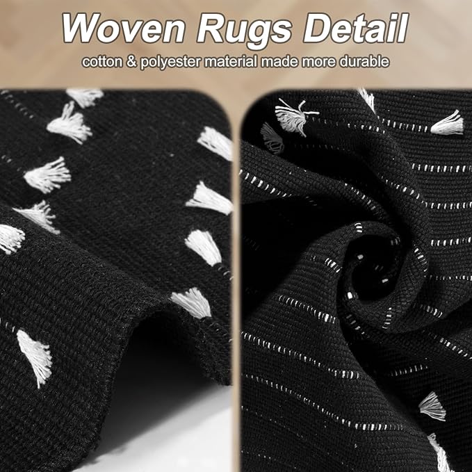 LIVEBOX Black Area Rug for Living Room 5x8, Boho Large Bedroom Washable Cotton Woven Carpet, Moroccan Indoor Thin Throw Rug for Dining Room, Home Office