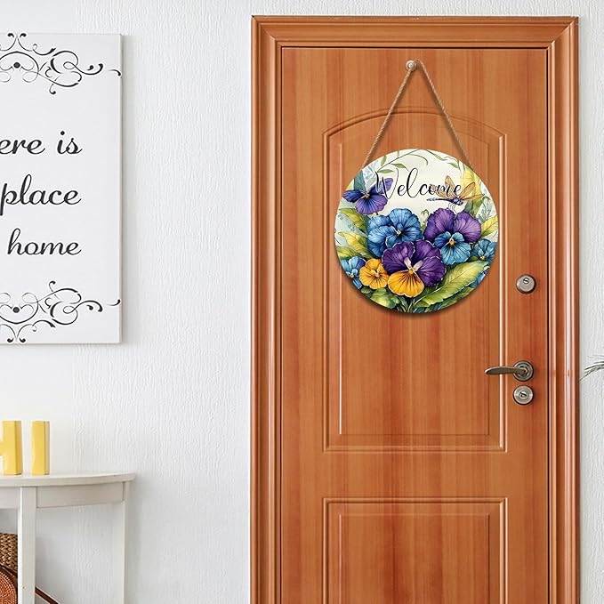 Welcome Spring Blue Purple Flowers Door Sign For Front Door Decor,Pansy Dragonfly Wooden Sign 12"x 12" Round Spring Summer Seasonal Vintage Hanging Door Sign Decoration for Wall Rustic Decor