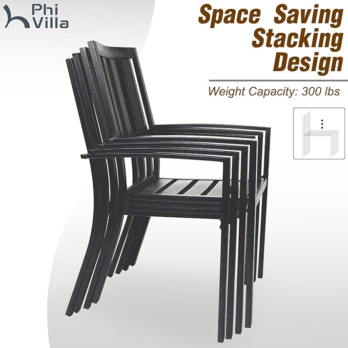 PHI VILLA 7 Pieces Outdoor Dining Set for 6, 65” Brown Wood-Like Metal Steel Dining Table & Stackable Black Iron Chairs, Large Outside Furniture Set for Patio, Deck, Yard, Porch