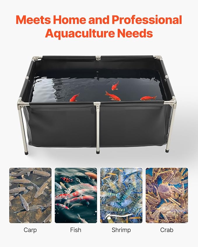 VEVOR Canvas Fish Pond, 126.8 Gal Above Ground Fish Pond, Foldable PVC Koi Tank, Rectangular Goldfish Tank with Stable Frame and Drain Valve, for Aquaculture, Koi Breeding, and Irrigation (Black)
