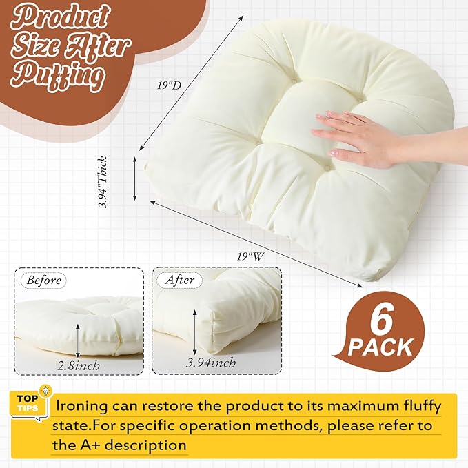 Thyle Outdoor Chair Cushions Set of 6 Waterproof Sun Protection Square Tufted Overstuffed Patio Furniture Seat Cushion for Patio Furniture Dining Indoor 19" x 19"(Beige)