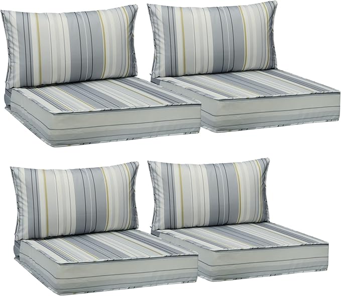 AAAAAcessories Outdoor Seat Cushions for Chairs, Fade-Resistant, Waterproof Patio Furniture Replacement Cushions, 25.5" x 25.5" x 5" + 25.5" x 13.5", Set of 4, Ash Blue Harbor Stripe