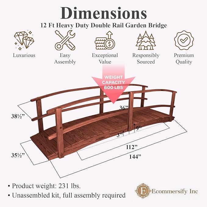 12 FT MAHOGANY Amish Made Garden Bridge with DOUBLE RAILS for Walkway, Backyard Pond & Landscaping, Outdoor Wooden Footbridge for Koi Pond, Japanese Style Decorative Bridge, Made in USA