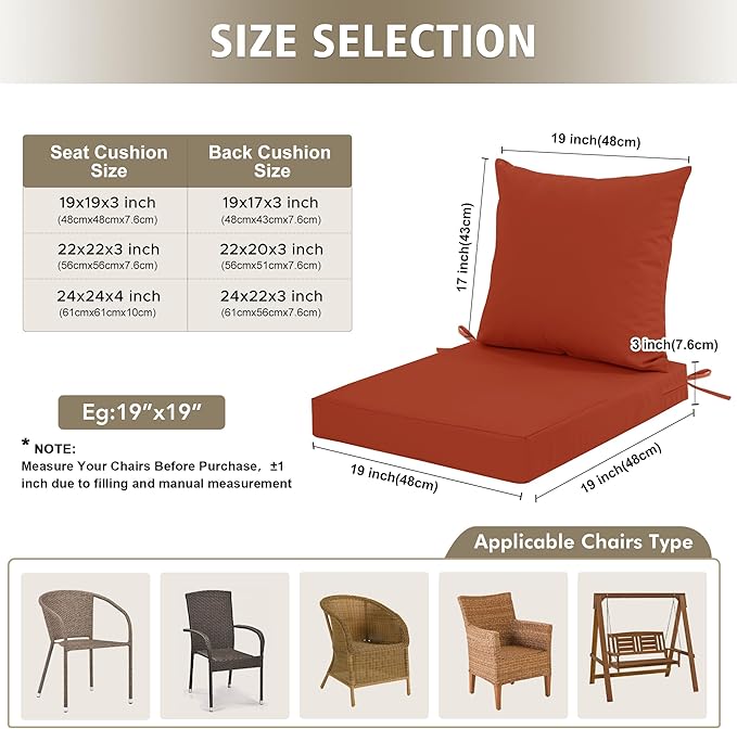 24x24 Inch Outdoor Cushions for Patio Furniture, Waterproof Outdoor Chair Cushions w/ Fade-Resistant, Removable & Machine-Washable Covers, Deep Seat Sofa/Couch Pad Replacement – Set of 1/2/4, Rust