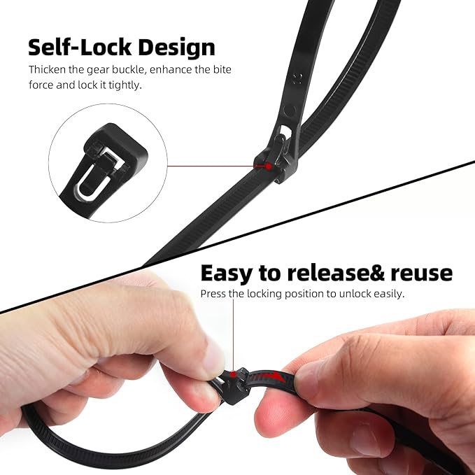 200Pcs 8Inch Heavy Duty Industrial Zip Toes,40lbs Tensile Strength Releasable Black Cable Ties, Reusable Zip Toes Tie Straps For Garden Plant Secure Vine, Home, Office Use