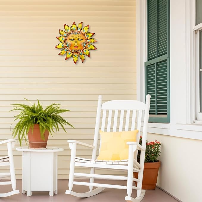 Metal Sun Flower Wall Decor - 13 inches Sun Wall Art Hanging Decorations for Outdoor, Home Garden Yard Patio Fence Bedroom Decor, Gifts for Mom Friends