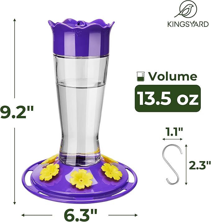 Kingsyard Glass Hummingbird Feeder for Outdoors Hanging - 6 Bee Guard Feeding Ports & Built-in Ant Moat, Wild Bird Feeder for Outside Garden Yard Patio 14 Oz, Updated Purple
