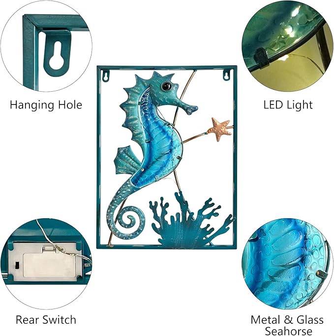 LIFFY Metal Wall Art Seahorse with Frame 13 LED lights,Beach Decor Fish Glass Sculpture Coastal Wall Hanging Ocean Theme Nautical Outdoor Decor for Patio,Garden,Yard,Pool,home gift(2pcs, Blue)