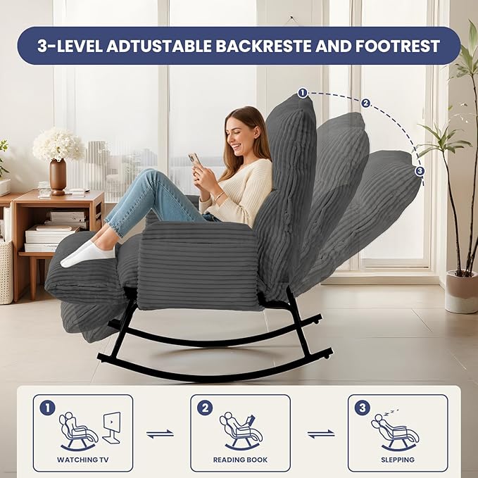 Oversized Rocking Chair with Adjustable Backrest and Footrest, Outdoor Reading Chair - Chaise Lounge Chair Indoor, Comfy Corduroy Rocking Chair for Patio, Porch, Balcony, Living Room