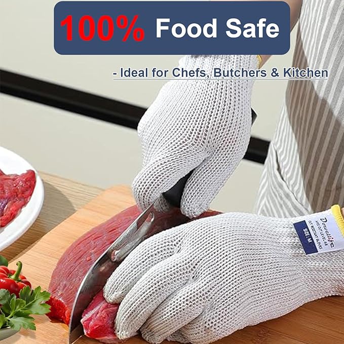 Dowellife Level 8 Reinforced Cut Resistant Gloves, Food Grade, Knife Safety Gloves for Meat Cutting, Oyster Shucking, Fish Fillet, Kitchen Slicing and Wood Carving, White, Large