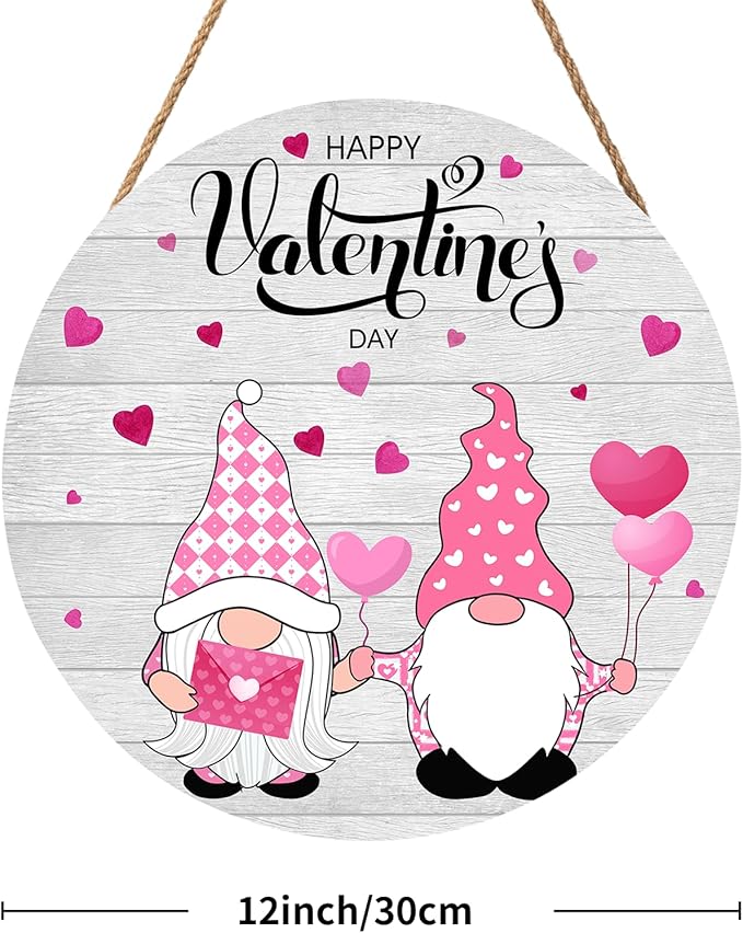 Happy Valentine's Day Sign, Valentines Day Door Decor Wood Plaque 12 X 12 Inch Gnome Valentine Sign Round Valentines Day Welcome Sign For Front Door Porch Yard Valentines Decorations