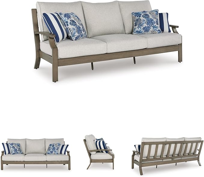 Signature Design by Ashley Rainier Ranch Casual Nuvella Weather Resistant Fabric, Outdoor Sofa with Cushion and 4 Accent Pillows, Light Brown & Light Gray