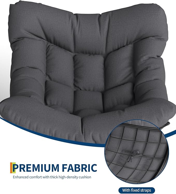 GarveeLife Oversized Papasan Rocking Chair with Footrest, Outdoor Lounge Chair with Ottoman and Sturdy Metal Frame, Patio Rattan Egg Rocker for Balcony Backyard Porch Bedroom, Grey
