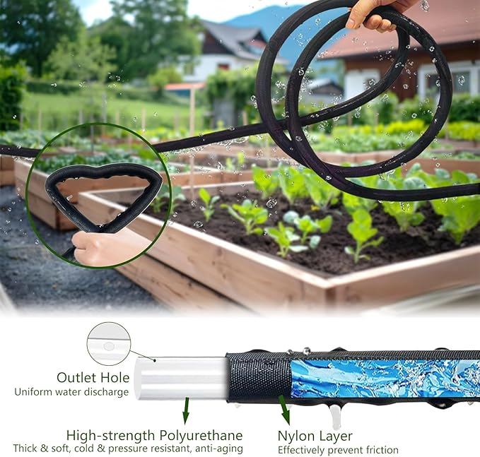 Flat Soaker Hose 100ft, Garden Hose with Heavy Duty Double Layer Design, Drip Irrigation Hose Saves 80% Water, Leak Proof Sprinkler Hose for Garden, Lawn, Vegetable plot (50ft x 2)