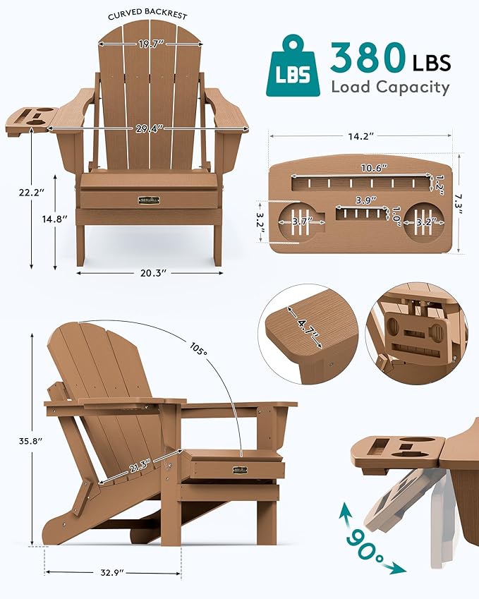 SERWALL Folding Adirondack Chair, Adirondack Chairs with 4 in 1 Multi-Functional Cup Holder, Wood-Like Patio Chair, Lawn Chairs, Weather Resistant HIPS Plastic Fire Pit Chair for Garden, Backyard