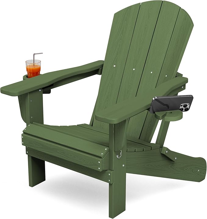 KINGYES Folding Adirondack Chair with Dual Cup Holders - HDPE All-Weather Outdoor Chairs, Wood-Like Patio Chair for Backyard, Camping, Pool & Fire Pit, Avocado Green
