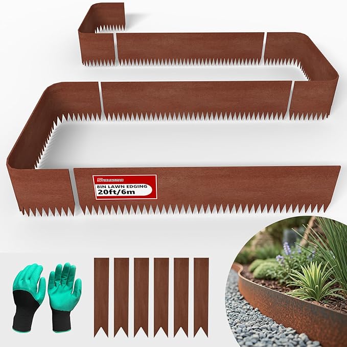 20ft. 6-Pack Cor-Ten Steel Landscape Edging - 40" L x 8" H Lawn Edging with 6 Stakes, Hammer-in Metal Garden Border for Landscaping, Lawn & Yard (Rusted)