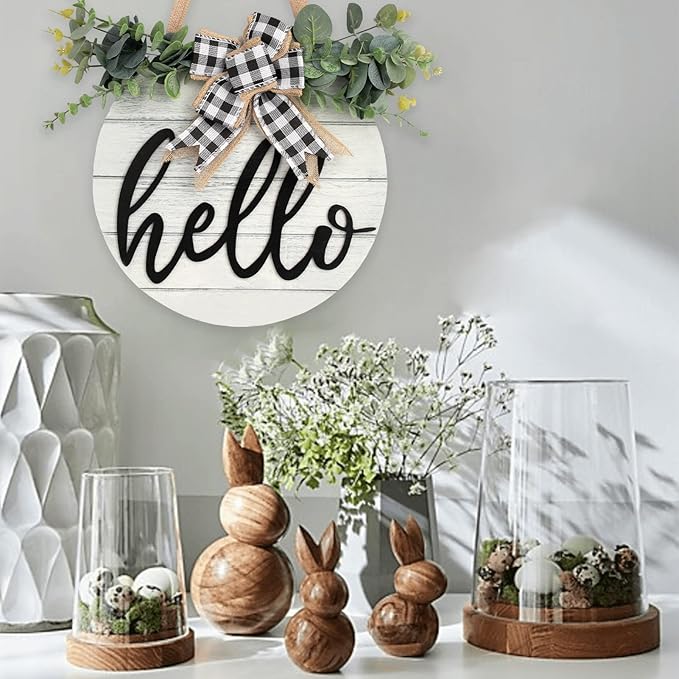 3D Hello Spring Wreaths for Front Door | White Horizontal Round Wreaths | Housewarming Gift | Farmhouse Wood Door Hanger for Home Decor Indoor and Outdoor, Classroom, Yard, Porch Decor