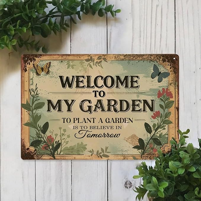 Garden Signs Vintage Metal Sign - Welcome to My Garden - Retro Gardening Signs for Outside Home Gardening Greenhouse Yard Outdoor Decor 8x12 Inch