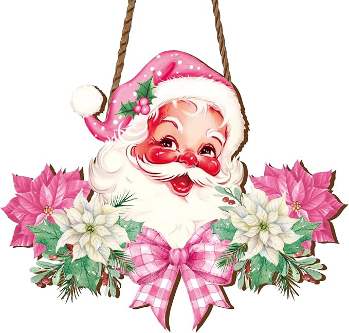 Whaline Christmas Wooden Hanging Sign Pink Xmas Santa Flower Welcome Wood Sign Vintage Santa Door Decor Signs for Indoor Outdoor Porch Wall