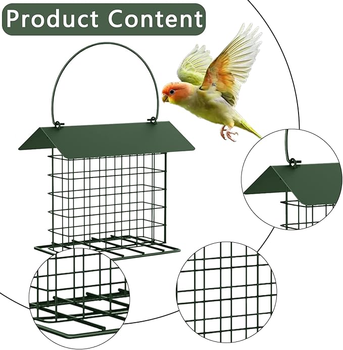 Suet Cake Bird Feeder Outdoor Hanging Metal Wire Wild Bird Feeder Fat Ball Food Feeder with Metal Roof and Platform Outside Cake Suet Feeder Rainproof(Green)