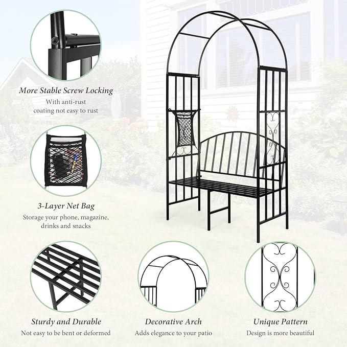 Garden Arch Heavy Duty Arbor with Bench Holds 660lbs | Metal Arbor Archway for Climbing Plant & Two People Seat Bench |Outdoor Lawn Backyard Decor, Black