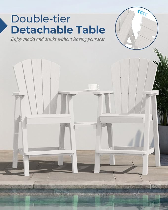Ciokea Tall Adirondack Chairs Set of 2, HDPE Outdoor Adirondack Bar Stools with Double Connecting Tray, Weather Resistant High Back Adirondack Balcony Chairs for Deck, Lawn, Pool, Backyard, White