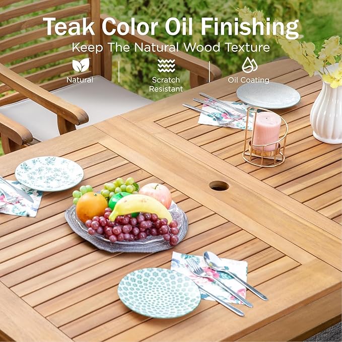 PHI VILLA Outdoor Acacia Wood Dining Table for 6-8, Large Extendable Rectangular Teak Table with Umbrella Hole, Farmhouse Outside Furniture for Patio, Deck, Porch, Yard
