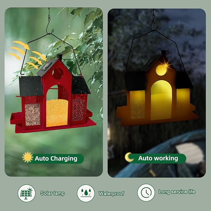 Solar Bird Feeder House for Outside Hanging, Large Capacity Birdhouse Bird Feeders Hanging for Outdoors, Metal Mesh Wild Birdfeeder for Finch Cardinal (Red and Black)