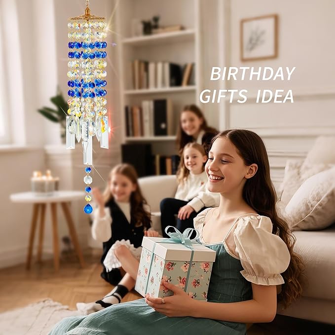 Crystal Wind Chimes for Outside with Rainbow Light Reflections Glass Bells and Rose Gold Alloy Hooks Indoor Outdoor Decor for Home Garden Patio Porch Birthday House Warming (Blue)