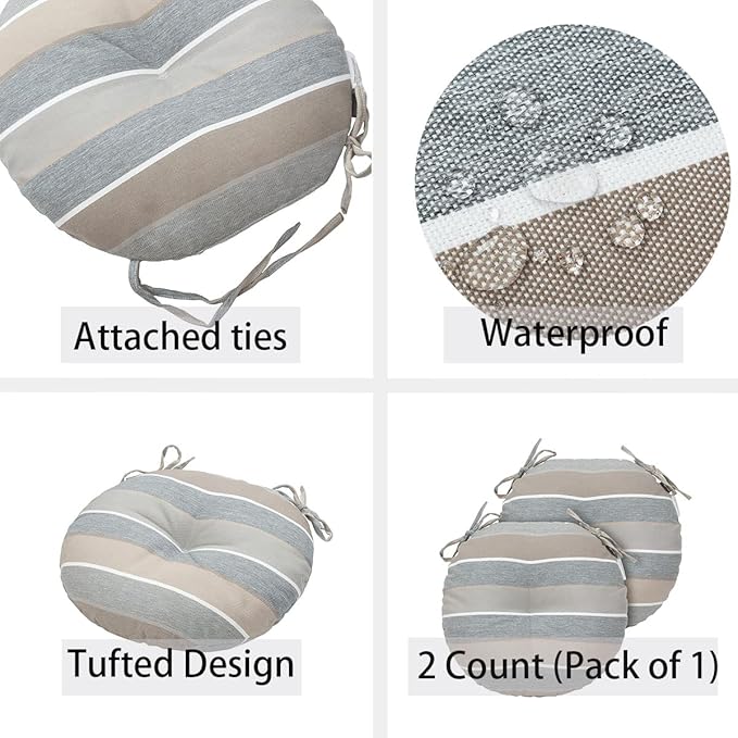 Bistro Chair Cushions 15 inch,Set of 2,Tufted Round Chair Cushions with Ties,15"x15"x4",Water Resistant Round Seat Cushion for Barstool Chairs,Patio Garden Kitchen Outdoor Furniture(Gray Stripe)