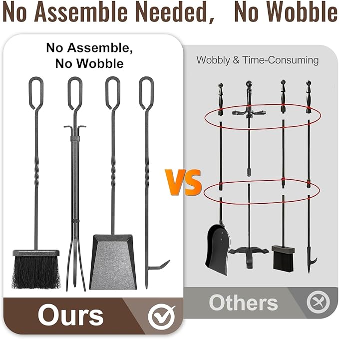 Amagabeli 5 Pieces Fireplace Tools Sets Wrought Iron Indoor Fireplace Set with Poker Tongs Broom Shovel Stand Fire Tools Outdoor Rustic Fire Poker Set Fire Place Hearth Accessories Sets Antique Pewter