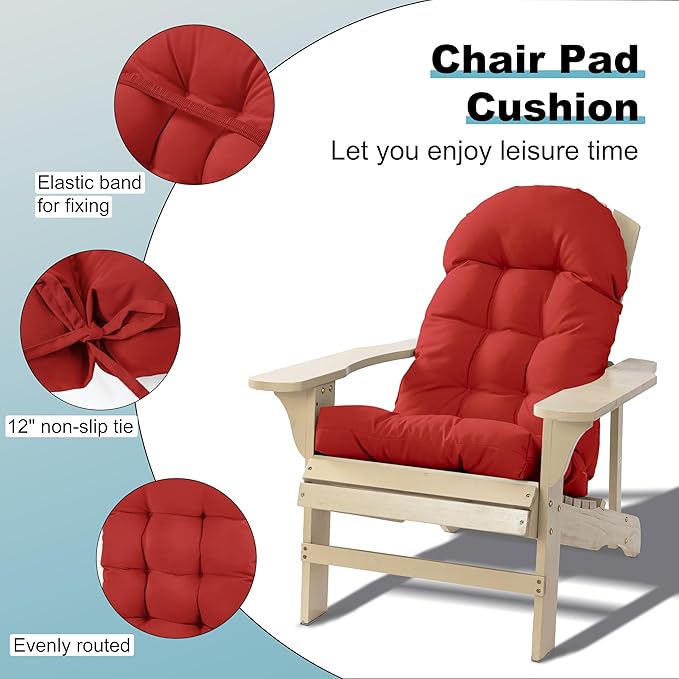 Large Adirondack Chair Cushion, Rocking Chair Cushion 50x20.8x4 inch, High Back Patio Cushions of Upper and Lower with Ties, Sunscreen and Fade-Resistant (Red, 2)