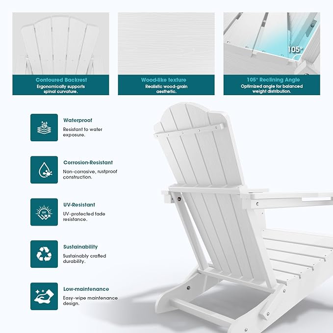 Folding Adirondack Chair Set of 2,HDPE All-Weather Outdoor Chair with Cup Holder,Wooden Textured,Fire Pit Chair,Plastic Patio Chair for Deck,Backyard,Garden,Lawn(White)