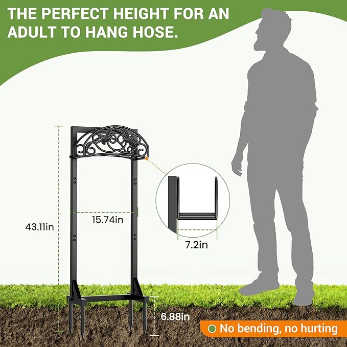 Freestanding Garden Hose Holder, Heavy Duty Water Hose Holder Stand with Stable 4-Spike Base, Fits 5/8" Hoses up to 150ft, No-Drill Yard Storage Alternative to Hose Reel